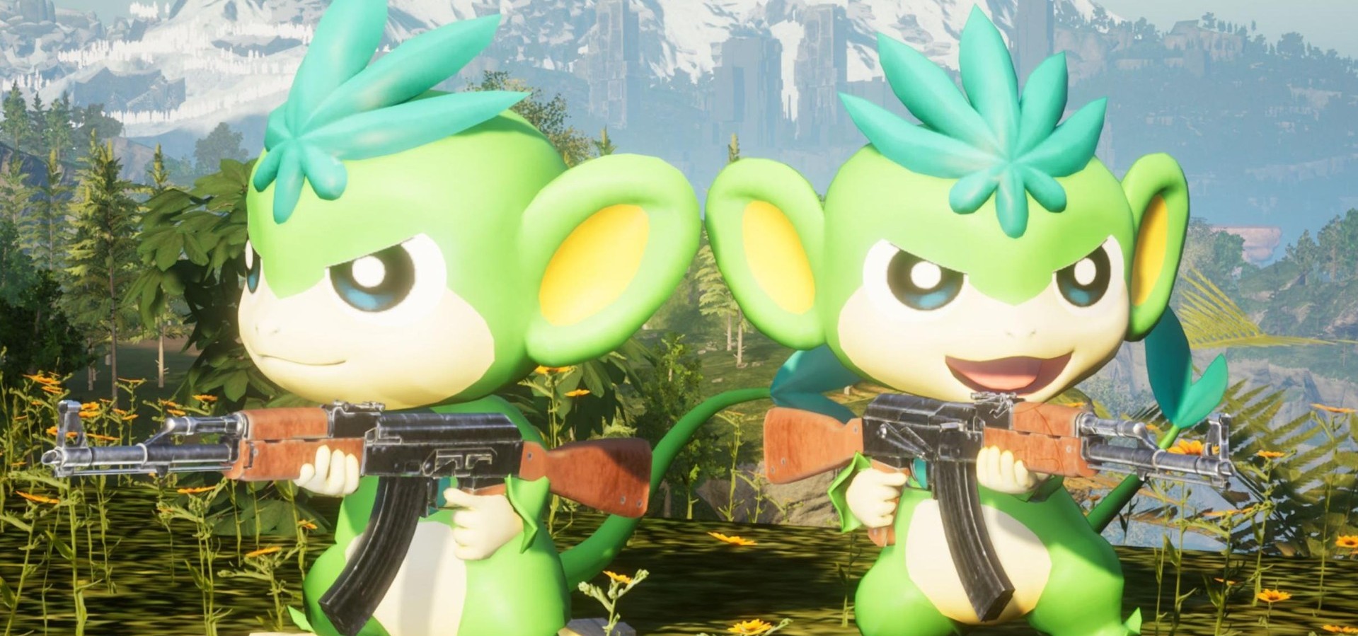 Pals de Palworld sujetando armas